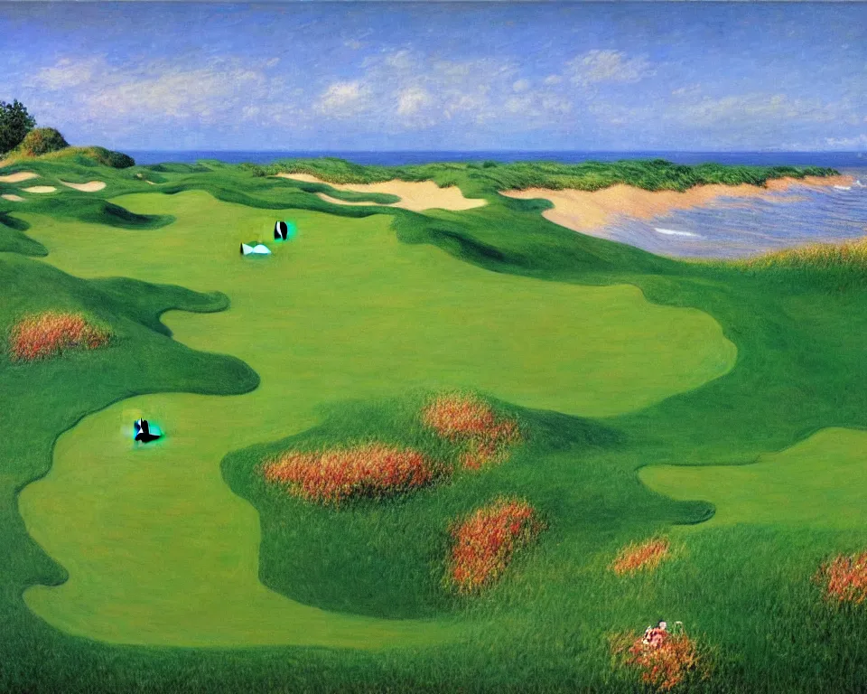 Prompt: achingly beautiful painting of the 1 3 th at pacific dunes by rene magritte, monet, and turner.