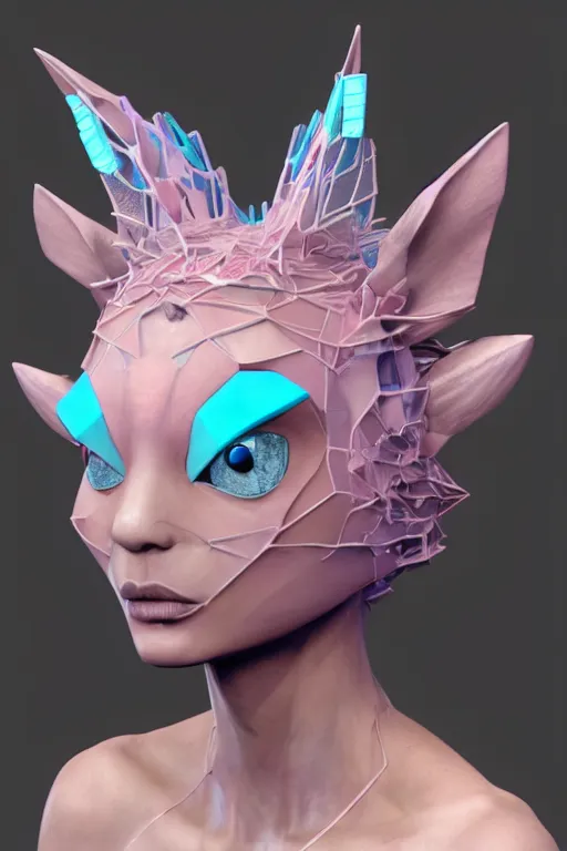 Prompt: epic 3 d sculpture of trans model, mesh headdress, 2 0 mm, with pastel pink and cerulean hextech bursting, melting smoothly into bulbasaur, delicate, beautiful, intricate, houdini sidefx, trending on artstation, by jeremy mann and ilya kuvshinov, jamie hewlett and ayami kojima