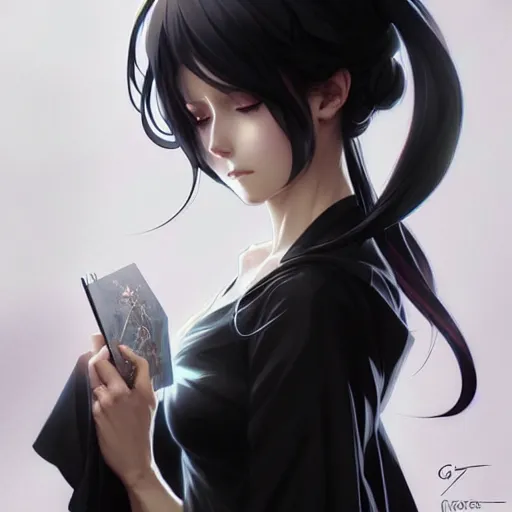 Anime girl, with black dress, long black hair and a silver crown