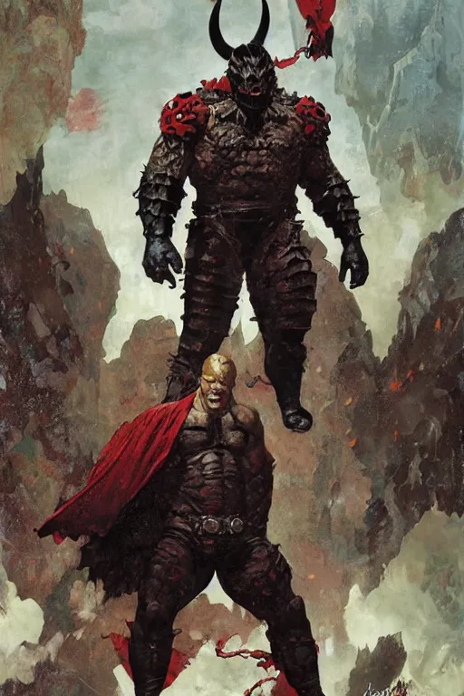 Image similar to huge brock lesnar as demon king wearing cape and black armour, alex ross, jack kirby, sergey kolesov, jason fabok, lawrence alma tadema, norman rockwell, greg staples, rick berry, jeremy mann