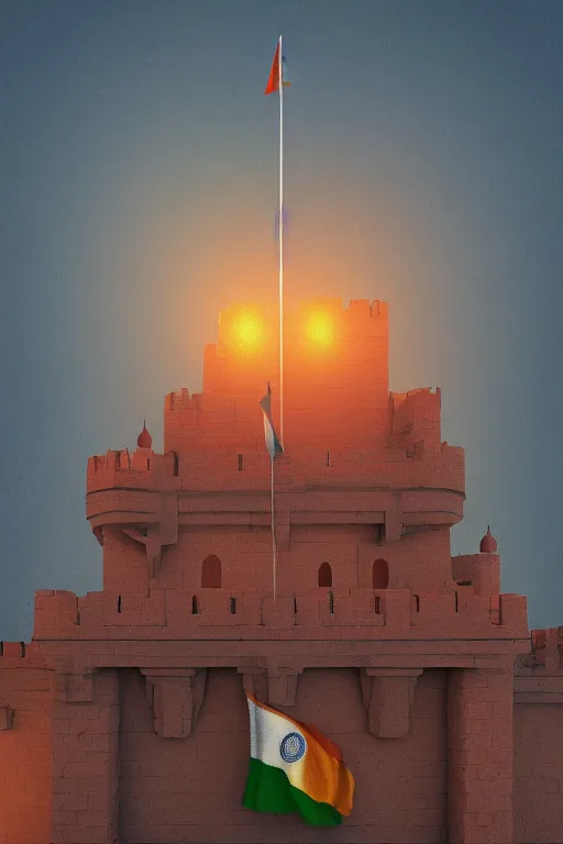 Image similar to indian flag on castle, 3 d, volumetric, photo by alexey kurylev clouds, octane, 3 d render, 3 ds max + vray, art by beeple, india, cinematic