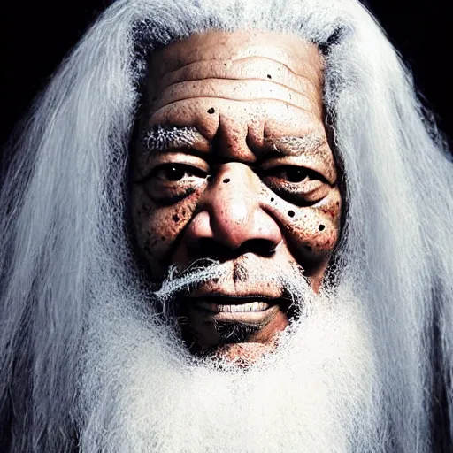 Image similar to evil morgan freeman as evil wizard saurman the white, long white hair and white beard, beautiful pure white warlock flowing robes, long black wizard staff by alan lee, lord of the rings, smooth, oil painting, matte painting, concept art, trending on artstation, promotional artwork, film still, elegant, photorealistic facial features, intricate, detailed face, cinematic lighting