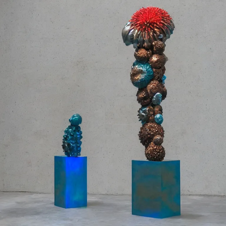 Image similar to hyperrealistic sculpture of a bronze ancient fossilized sea urchin arched shape with opalescent blue and iridescent red spraypaint in a plywood grid cage on a pedestal by ron mueck and duane hanson and lee bontecou, hyperrealistic dramatic colored lighting trending on artstation 8 k