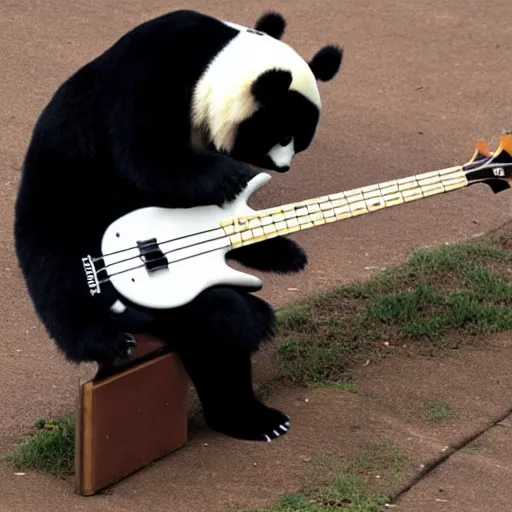 Prompt: panda playing bass guitar,