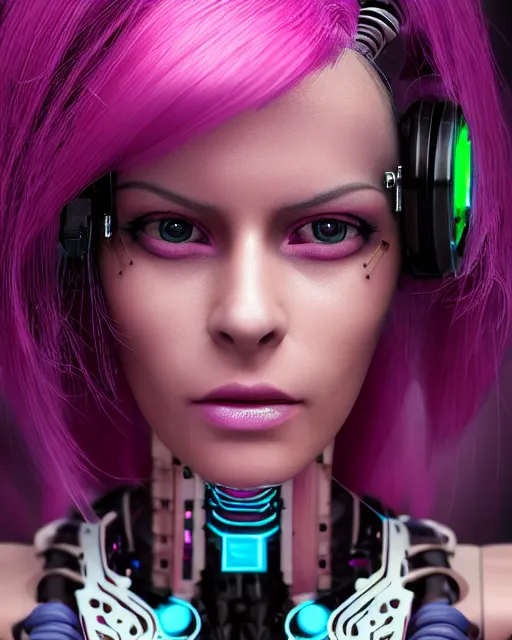 Image similar to portrait of a beautiful mexican woman with pink hair as a cyberpunk cyborg half robot, revealing wires and electronics, sci - fi, missing panels, intricate abstract upper body intricate artwork, concept art, octane render, deviantart, cinematic, key art, hyperrealism, iridescent accents, portrait photograph, nikon 3 5 mm, photograph by greg rutkowski