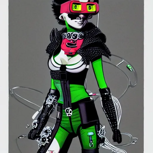 Image similar to a cybergoth woman wearing goggles and eccentric jewelry by jamie hewlett : : full body character concept art, detailed,