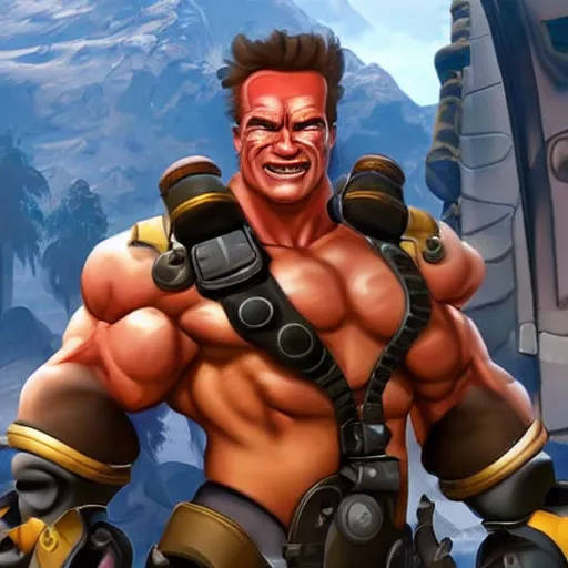 Image similar to a screenshot of arnold schwarzenegger as junkrat in overwatch