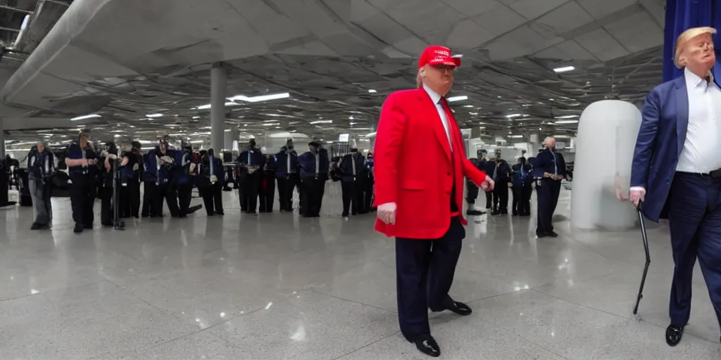 Image similar to ultra wide angle photo of donald trump dressed as a janitor walking silently past security guards, security guards