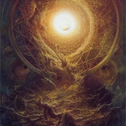 Prompt: ellen jewett, beautiful surreal palatial pulsar at dawn, creation of the world, let there be light, light separated from dark, genesis, gustave dore, ferdinand knab, jeff easley