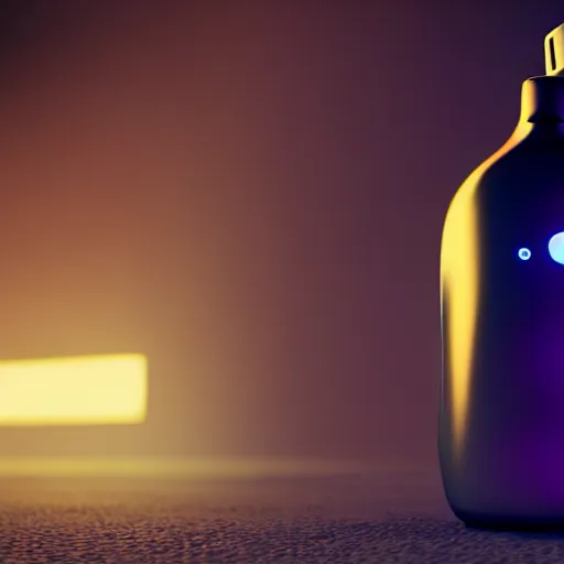 Image similar to a cute little robot at a big bottle. super realistic 8 k render of a dark hooded powerful elegant, cinematic composition