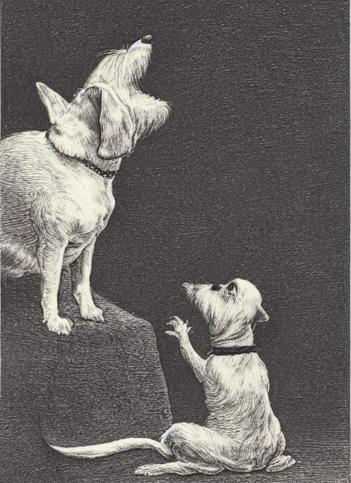 Image similar to candid portrait of jack russel dog howling, night sky, highly detailed, side view, illustrated by peggy fortnum and beatrix potter and sir john tenniel