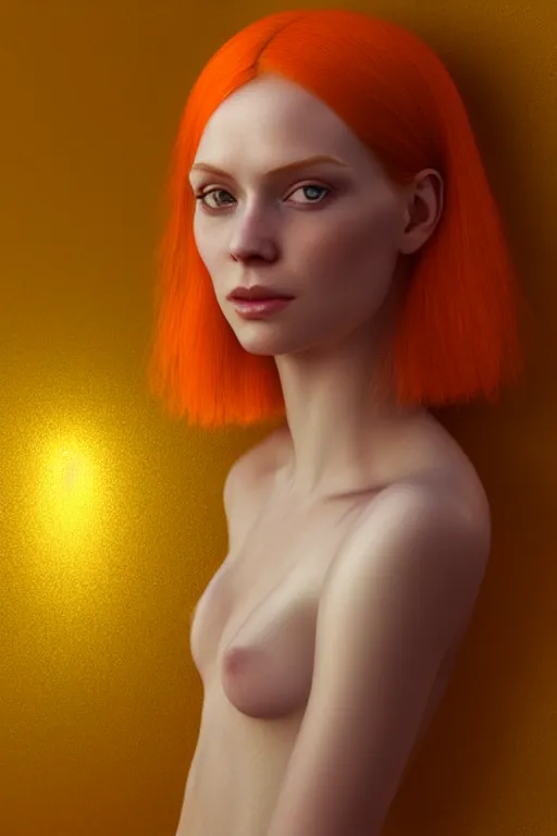 Image similar to Portrait of a beautiful pale skin Nordic female with short orange hair, elegant, photorealistic, highly detailed, artstation, smooth, sharp focus, gold ornaments, neon lighting, sci-fi, art by Klimt.