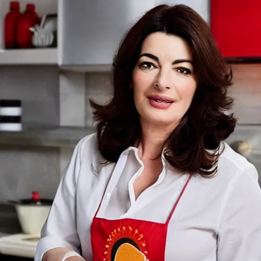 Image similar to Nigella Lawson, with a sharingan, cooking curry