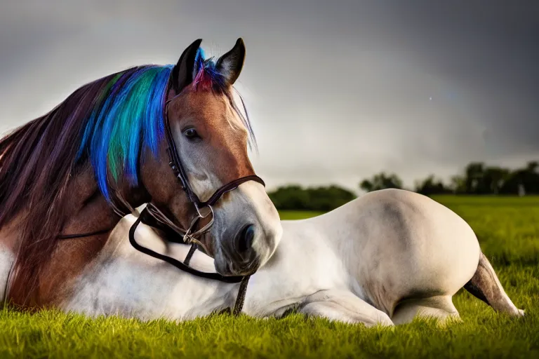 Prompt: Rainbow-Dash, Horse laying down, Professional equine photography with mood lighting, Equestria