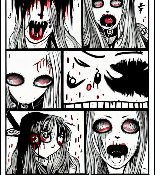 Image similar to horror acid colors, a dark picture comic featuring blood horror and goth anime girls, anime vampires, evil horror vibes