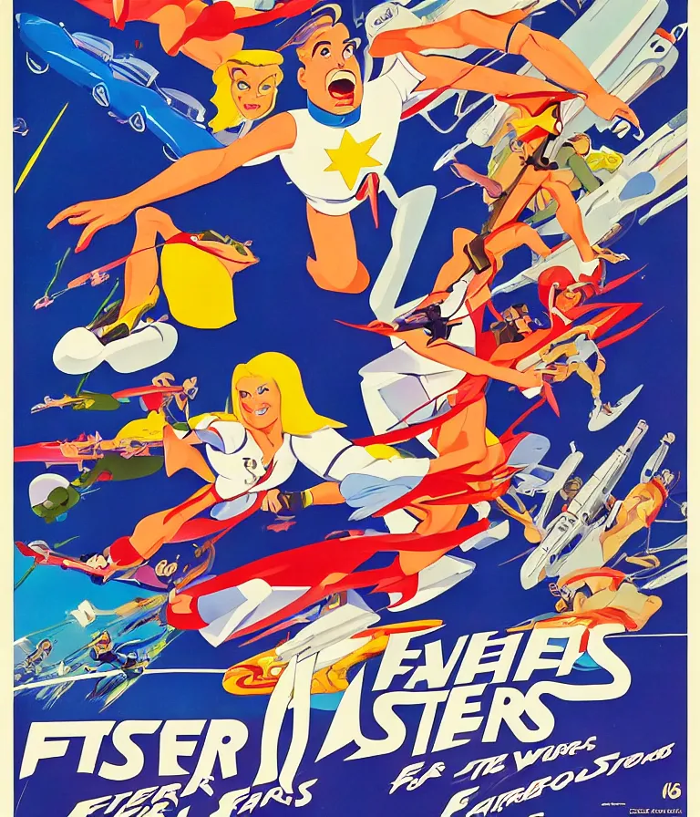 Image similar to Hannah Barbera cartoons of Five Star Stories as Whacky Races, promotional poster super detailed , xpensive production, realistic style, gouache colors, Hollywood retro cartoon poster, golden era of animation work