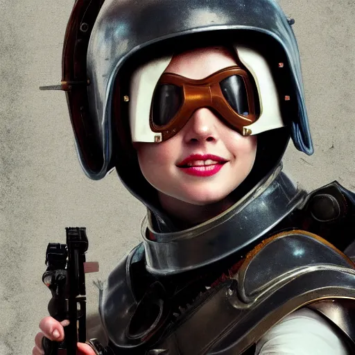 Image similar to female artificer with futuristic rifle, tubes connecting mediaeval half plate armor to rifle, brown hair, smiling, portrait, goggles over forehead, trending on artstation