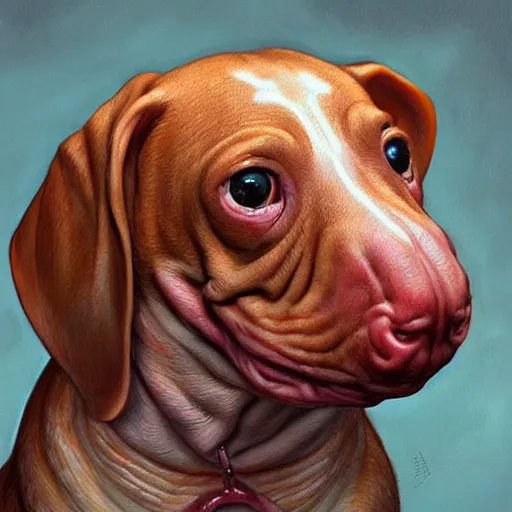 Prompt: blobfish as a dachshund | highly detailed | very intricate | elaborate outfit | symmetrical | cinematic lighting | award - winning | closeup portrait | painted by donato giancola and mandy jurgens and charlie bowater | featured on artstation