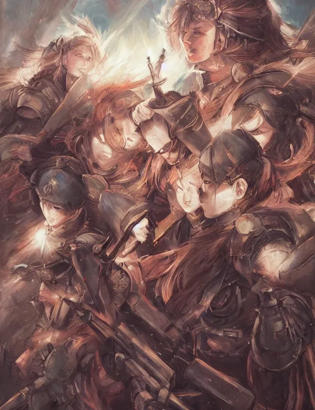 Prompt: the order of sisters of war. this oil painting by the award - winning mangaka has cinematic lighting, a contrasting color scheme and intricate details.