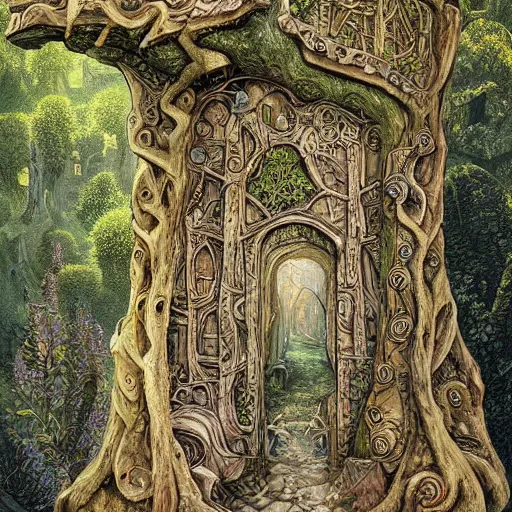 Prompt: art in the style of James Christensen, a ruined fortress , carved into the side of a tree, inhabited by elves and faeries, intricately detailed