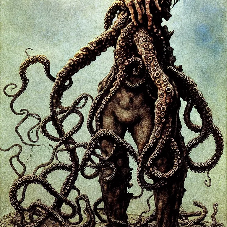 Image similar to A detailed blue-eyed tentacleheaded human stands with a pebble in hands. Wearing a ripped mantle and boots. Extremely high details, realistic, fantasy art, solo, masterpiece, art by Zdzisław Beksiński, Arthur Rackham, Dariusz Zawadzki