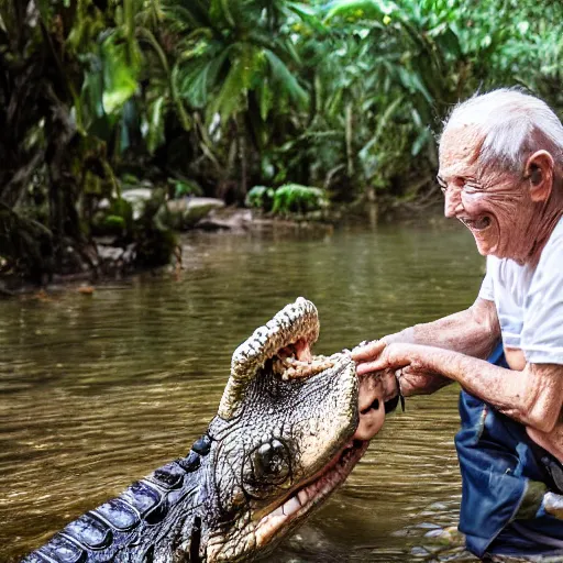 Image similar to elderly man feeding a crocodile, smiling, happy, crocodile, jungle, canon eos r 3, f / 1. 4, iso 2 0 0, 1 / 1 6 0 s, 8 k, raw, unedited, symmetrical balance, wide angle