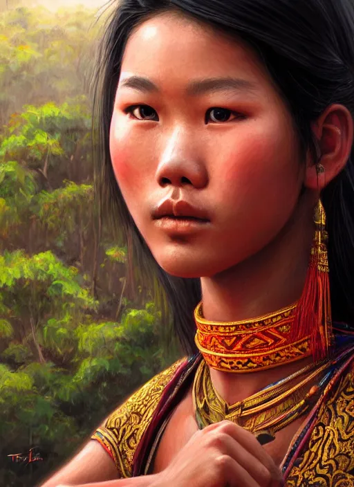 Prompt: portrait of a beautiful teen tai ethnic north thailand, closeup portrait, historical, ethnic group, traditional costume, elegant, loin cloth, highly detailed, oil painting, artstation, concept art, matte, sharp focus, illustration, hearthstone, art by earl norem