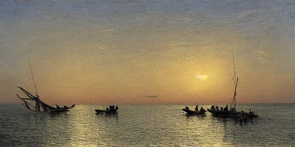 Image similar to rising sun ( ( ( fishing cormorant, fishing boat ) ) ) on the naples bay, by paul gustav fisher and moebius