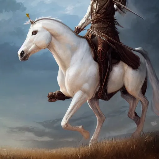 Image similar to a white horse The one who rode him carried arrows and a bow in his hand, and they gave him a crown, digital Art, Greg rutkowski Trending artstation
