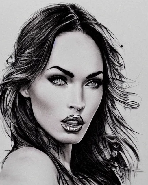 Image similar to realism tattoo design sketch of megan fox blended with beautiful mountain scenery, in the style of dan mountford, double exposure photography, hyper realistic, amazing detail, black and white