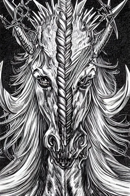 Image similar to bloodthirsty unicorn, symmetrical, highly detailed, digital art, sharp focus, trending on art station, kentaro miura manga art style