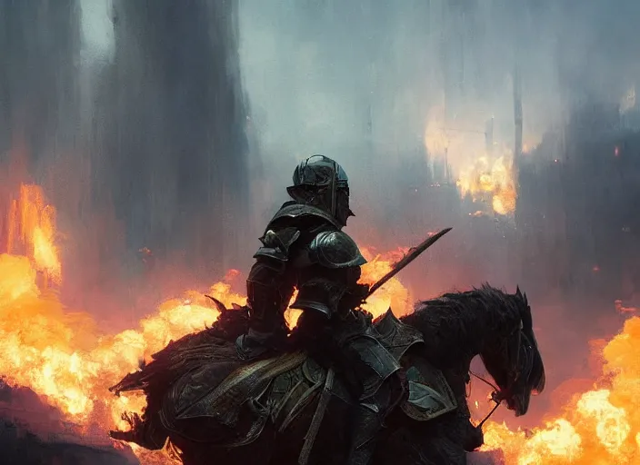 Prompt: knights go away destroyed fire volumetric lighting, digital painting, highly detailed, artstation, sharp focus, illustration, concept art, ruan jia, steve mccurry, amazing composition