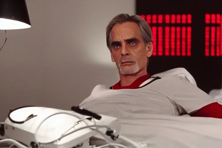 Prompt: a scene from the movie dead ringers with jeremy irons, cinematic lighting, black and red contrast, medical equipment