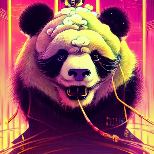 Image similar to a beautiful hyperdetailed character design 4 k wallpaper illustration of a cute panda with a chinese lion dance head victo ngai cyberpunk style, from china, style of studio ghibli, makoto shinkai, raphael lacoste, louis comfort tiffany, artgerm, james jean, ross tran, chinese style