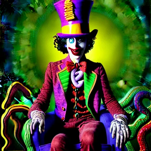 Image similar to uhd photorealisitc authentic lovecraftian psychotic willy wonka wearing ornate clown costume and intricate voodoo makeup, intricate details, vivid colors, frightening surroundings, studio lighting, correct details, in the style of amano, karol bak, akira toriyama, and greg rutkowski