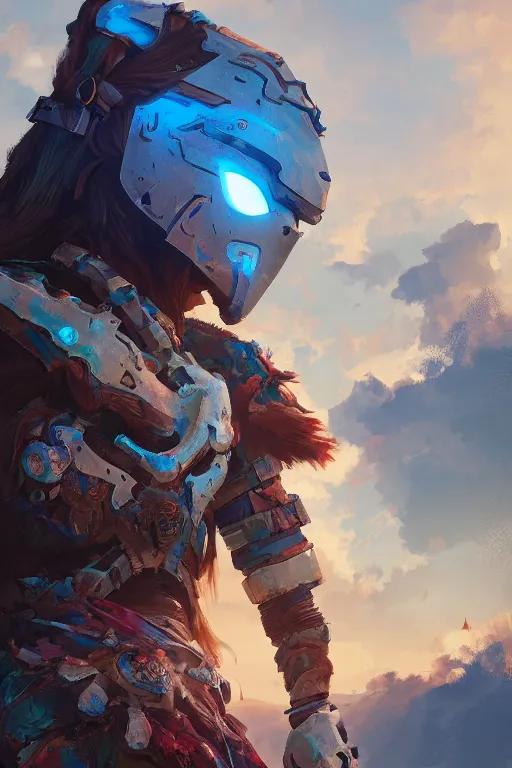 Image similar to combination suit armor aloy horizon forbidden west horizon zero dawn radiating a glowing aura global illumination ray tracing hdr fanart arstation by ian pesty and alena aenami artworks in 4 k tribal robot ninja mask helmet backpack