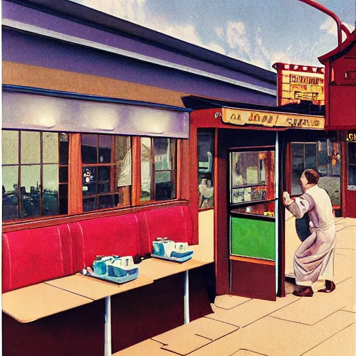 Image similar to a roadside diner open since the 7 0 s in ohio. free coffee refills, daily specials, and a door you must never open, high quality high detail art by angus mcbride and norman rockwell and nc wyeth, hd, realistic, photorealistic lighting, modern supernatural horror.