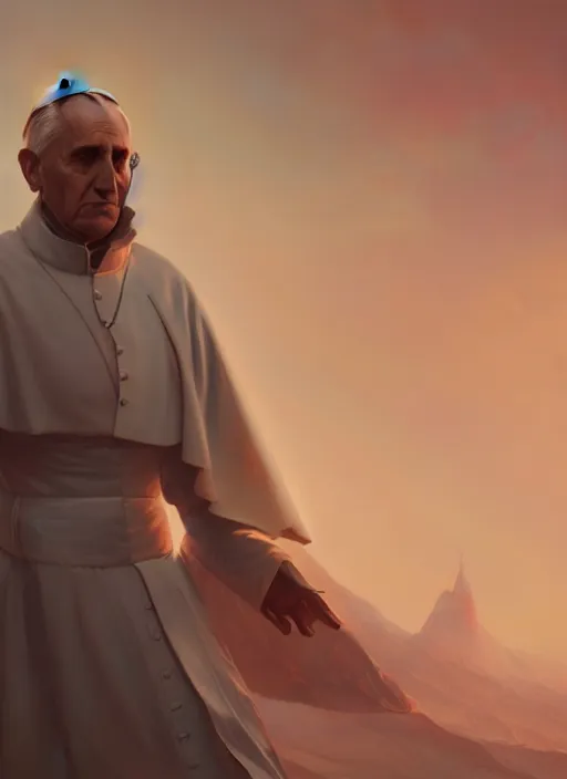 Image similar to The Futuristic Pope, extremely detailed digital painting, in the style of Fenghua Zhong and Ruan Jia and jeremy lipking and Peter Mohrbacher, mystical colors, rim light, beautiful Lighting, 8k, stunning scene, raytracing, octane, trending on artstation