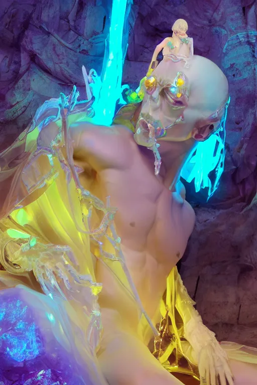 Image similar to photo of fullbody rococo and cyberpunk delicate neon crystalline sculpture of seductive muscular onyx albino marble prince joe jonas teal iridescent humanoid deity wearing yellow plastic hooded cloak holding an onyx skull in a onyx space dungeon, reclining, glowing yellow face, crown of white diamonds, cinematic lighting, photorealistic, octane render 8 k depth of field 3 d