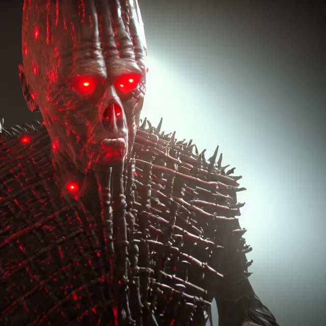 Prompt: pinhead, 8 k ultra realistic, lens flare, atmosphere, glow, detailed, intricate, full of colour, led lighting, 4 k, hyperrealistic, focused, extreme details, unreal engine 5, masterpiece