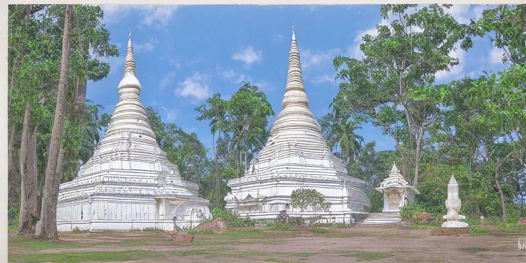 Image similar to sri lankan temple with white stupa, drawn by hayao miyazaki