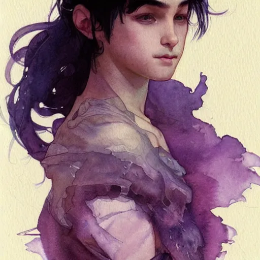Prompt: young boy, black hair, purple eyes, gorgeous, amazing, delicate, elegant, intricate, highly detailed, watercolor, portrait, artstation, concept art, sharp focus, illustration, art by artherm and greg rutkowski and alphonse mucha