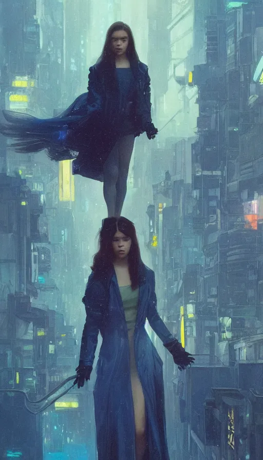 Image similar to hailee steinfeld, omicron, 2 0 1 8 blade runner movie still girl look at the cityscape from roof perfect face fine realistic face pretty face neon puffy jacket blue futuristic sci - fi elegant by denis villeneuve tom anders zorn hans dragan bibin thoma greg rutkowski ismail inceoglu illustrated sand storm alphonse mucha