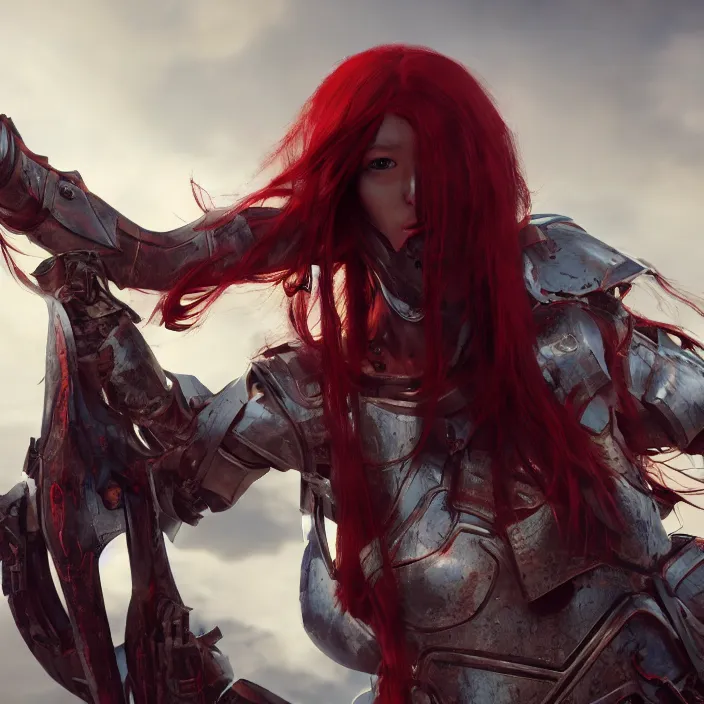 Image similar to a girl with a long red hair wearing a full-body red plate armor screaming in a battlefield, anatomically correct, hyperrealistic, concept art, octane render, unreal engine 5, 8K HDR, highly detailed, high quality, fantasy armor