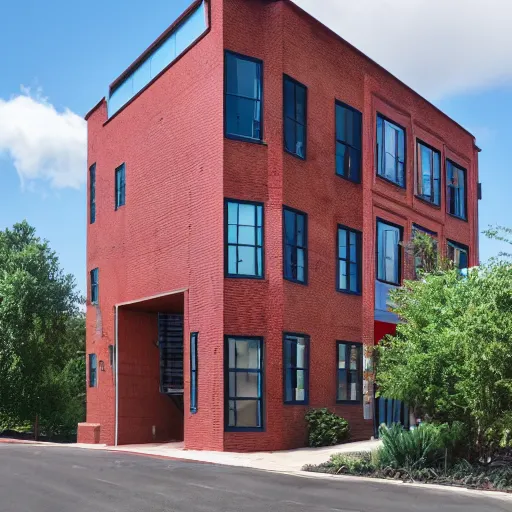 Prompt: tall 4 story house with blue wooden facade with dark red bricks on the roof in a valley