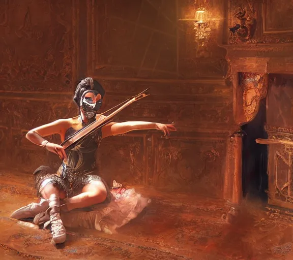 Image similar to craig mullins and ghibli digital art of on the stage of the theater, a masked female violinist performs alone, dressed in exotic costumes, gold jewelry, and black hair realistic shading, cinematic composition, realistic render, octane render, detailed textures, photorealistic, wide shot