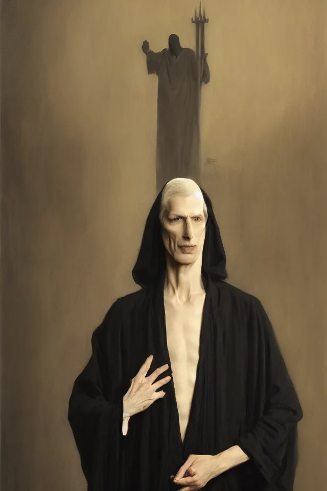 Prompt: painting of a beautiful tall thin man with pale skin, in black robes by bill sienckiwicz, greg rutkowski, high detail, high contrast, rim light, atmospheric