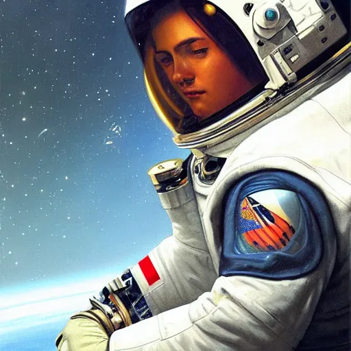 Image similar to a close up painting of an astronaut floating in space. his helmet visor is dark and reflective. you can see the reflection of the photographer in his helmet visor. by artgerm and greg rutkowski and alphonse mucha