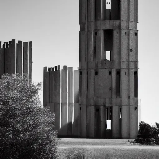 Image similar to a sci - fi brutalist monumental tower, with many towers sprouting from the base tower creating a complex and unique geometric building, photography