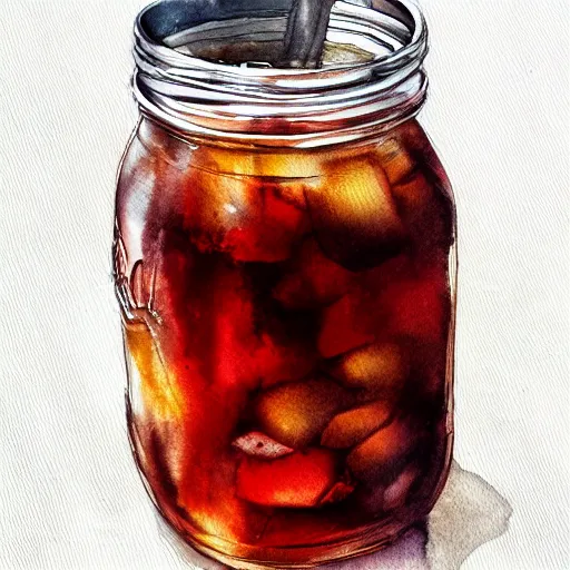 Prompt: Ice Tea in a mason jar, Watercolor, photorealistic, high resolution, award winning, trending on artstation, art by artgerm